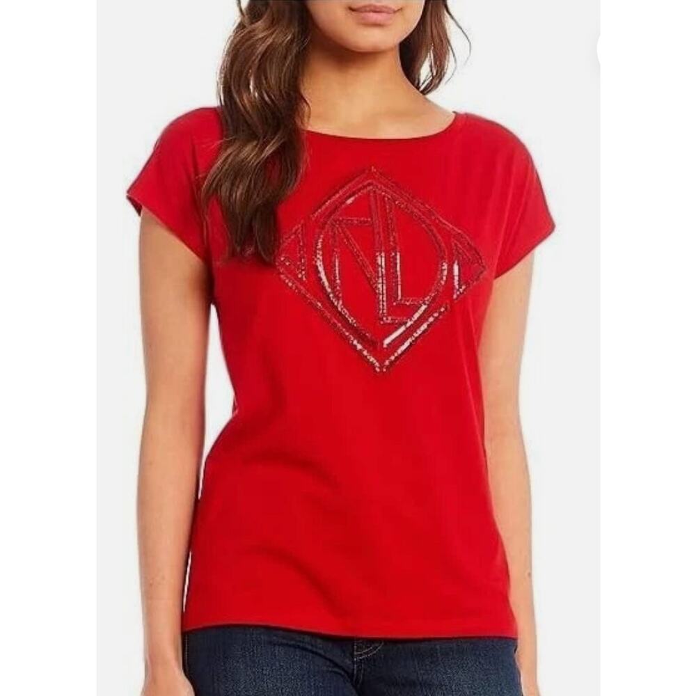Lauren Ralph Sequined Art Deco Cotton Blend T-Shirt Lipstick Red Women's Large